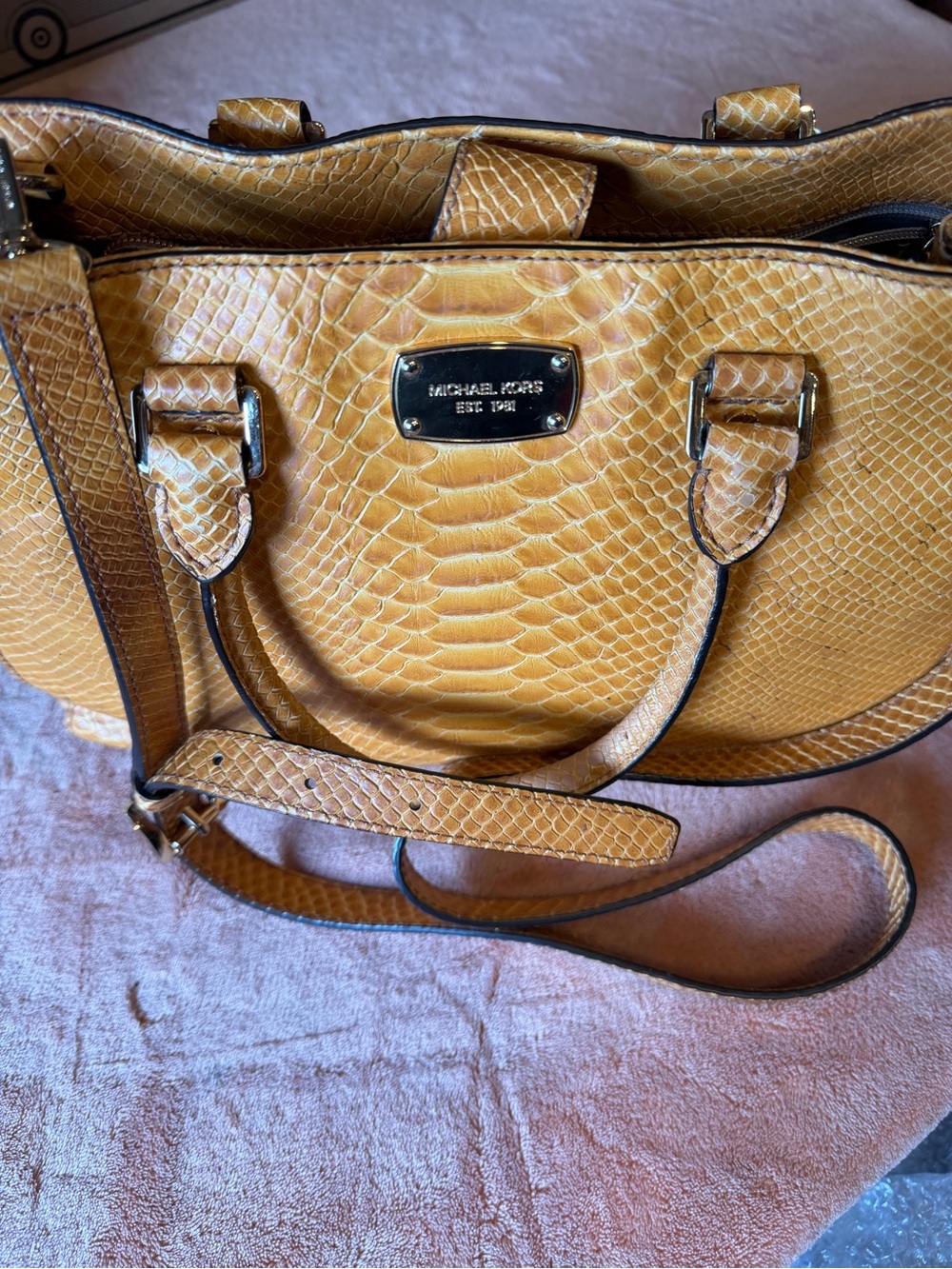 Michael Kors Yellow Faux-Snakeskin Satchel with Top Handles - Picture 2 of 7